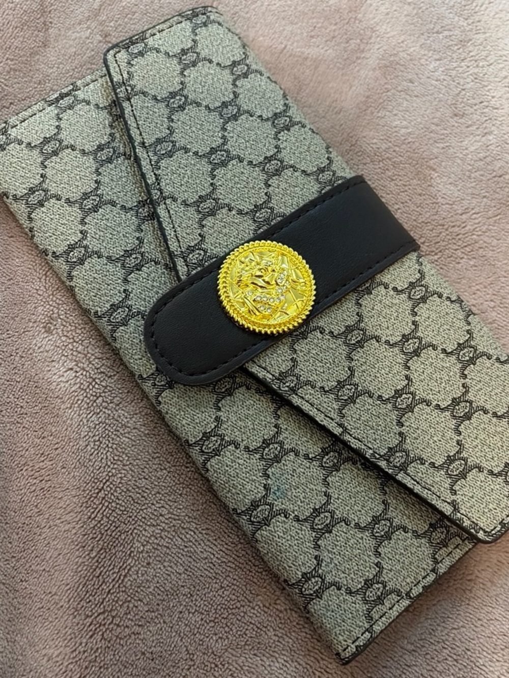 Source Unknown Beige Monogram Wallet with Black Strap and Gold Medallion